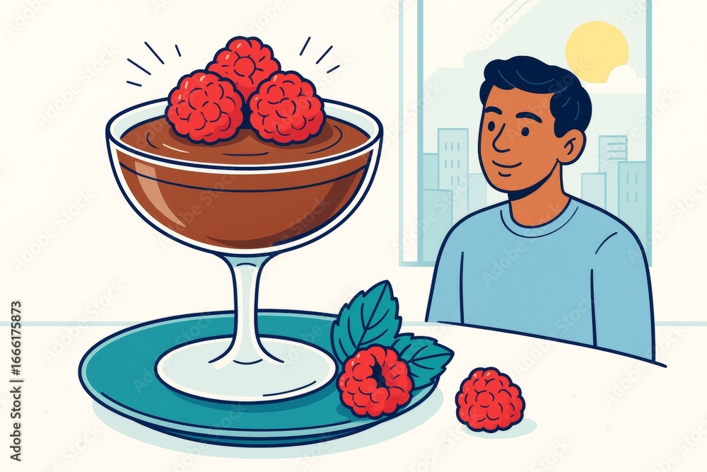 Poster chocolate dessert with raspberries on table, man smiling in background by window under daylight, min