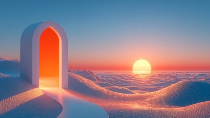 A surreal desert scene with a glowing arch at sunset