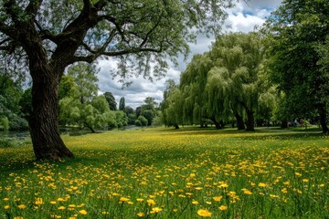 Obraz premium Sunny parkland with wildflowers and trees
