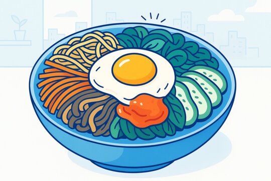 Colorful bowl of bibimbap with egg and vegetables in cartoon style on light cityscape background concept of creative healthy food illustration. Ai generative