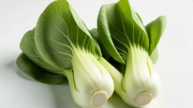 Fresh pak choy vegetables with green leaves on white background  