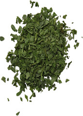 A pile of dried, chopped parsley flakes against a white background, showcasing its texture and color.