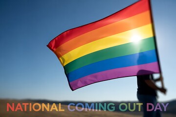 Vibrant rainbow flag waving proudly against sunny blue sky, celebrating National Coming Out Day and LGBTQ+ pride, perfect for inclusive marketing and inspirational campaigns