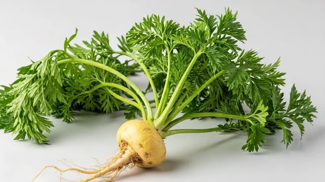 Fresh maca root with green tops on light background  