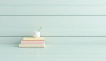 Stack of books with a cup and straws on top of a pastel aqua and wood background