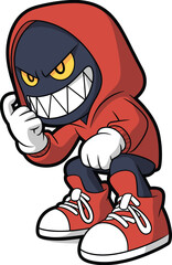 Cartoon villain character in red hoodie, dark face, sharp teeth, crouching pose, intense expression, vector illustration, street style, animated, sneakers, gloves, scary, urban, bold,