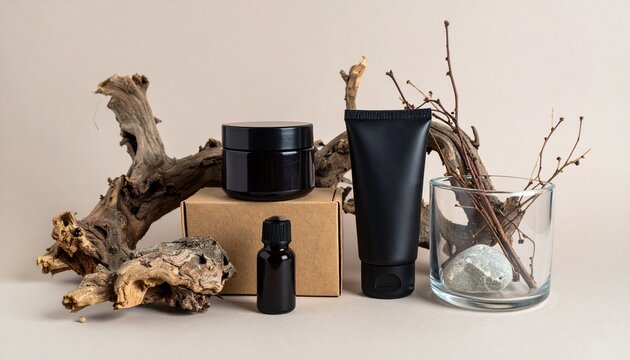 Minimalist skincare set with black containers, driftwood, and dry twigs&mdash;evoking ritual, purity, and the choreography of natural resilience, identity, and emotional stillness in an eco-conscious tablea