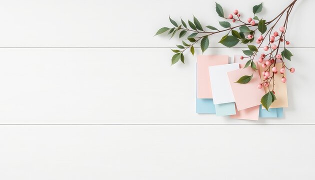 Light Pastel Colored Paper Squares with Green Leaves and Pink Berries on a White Wood Surface