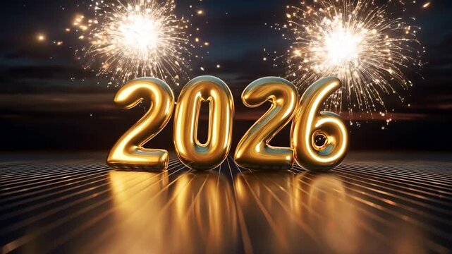 hiperrealista y festiva del texto &ldquo;2026&rdquo; en gran formato 3D, con un estilo elegante y brillante, como hecho de oro pulido y reflejante. A&ntilde;o nuevo