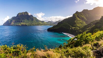 Fototapeta premium Dramatic coastal vista of lush tropical mountains meeting turquoise waters.