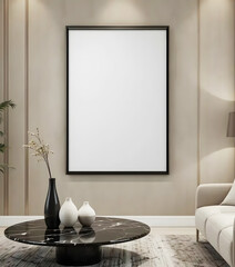 Elegant Living Room Mockup Featuring Modern Beige Wall, Vertical Poster Frame in 2:3 Ratio with Sofa, Decorative Indoor Green Plant and Cozy Lighting