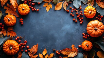 Orange pumpkins and red berries with autumn leaves on dark blue background fall