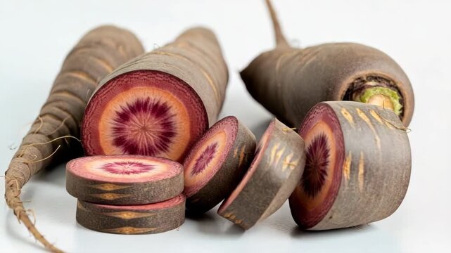 black carrots sliced in various shapes on a white background  