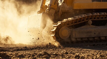 Bulldozer blade moving earth, dust cloud.