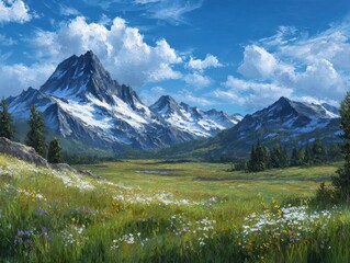 Serene Alpine Meadow with Snow-Capped Peaks and Wildflowers Under a Blue Sky, a Peaceful Mountain Landscape