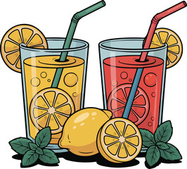 Glass of lemonade and orange juice with lemon slice isolated on white background