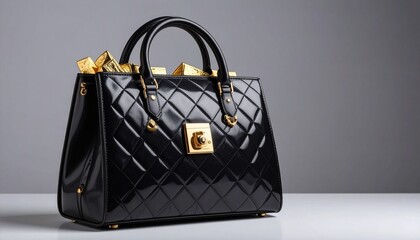 A glossy black quilted handbag stands against a gray backdrop, filled with gold-wrapped items—blending luxury fashion with opulent accents in a minimalist, high-contrast composition.