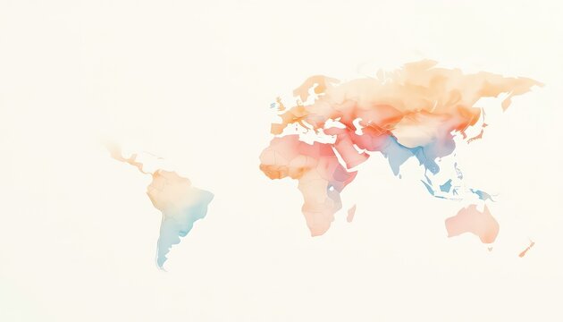 Pastel gradient world map on textured cream paper visualizes global relationships and interconnectedness in warm tones. - Powered by Adobe