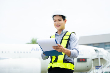 Aviation engineer inspects airplane for safety compliance. Professional aerospace technician at work in airport maintenance
