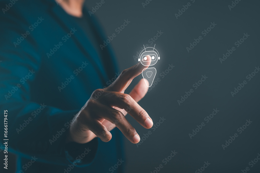 Poster a person in a suit interacts with a holographic representation of a robot, symbolizing advancements 
