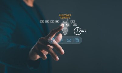 A person interacting with a digital interface, emphasizing customer service and accessibility, highlighted by 