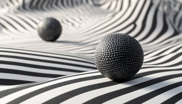 Two cracked-texture spheres rest on a wavy black-and-white striped surface, creating a hypnotic optical illusion—blending tactile realism with visual distortion and surreal perception.