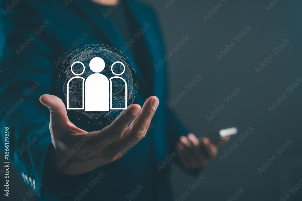 Poster a professional person holds a digital icon representing community and connection, emphasizing teamwo