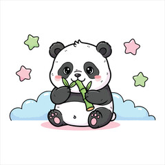 Naklejka premium Cute cartoon panda eating bamboo surrounded by pastel stars and clouds vector