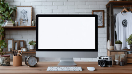 Blank screen of All in one computer, keyboard, mouse, monstera plant pot and small plant pots on wooden table