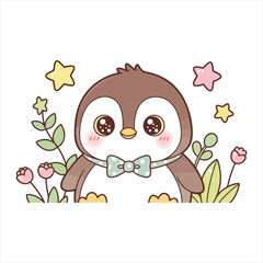 Fototapeta premium Cute cartoon penguin with green polka dot bow tie surrounded by pink flowers and green leaves with pastel stars