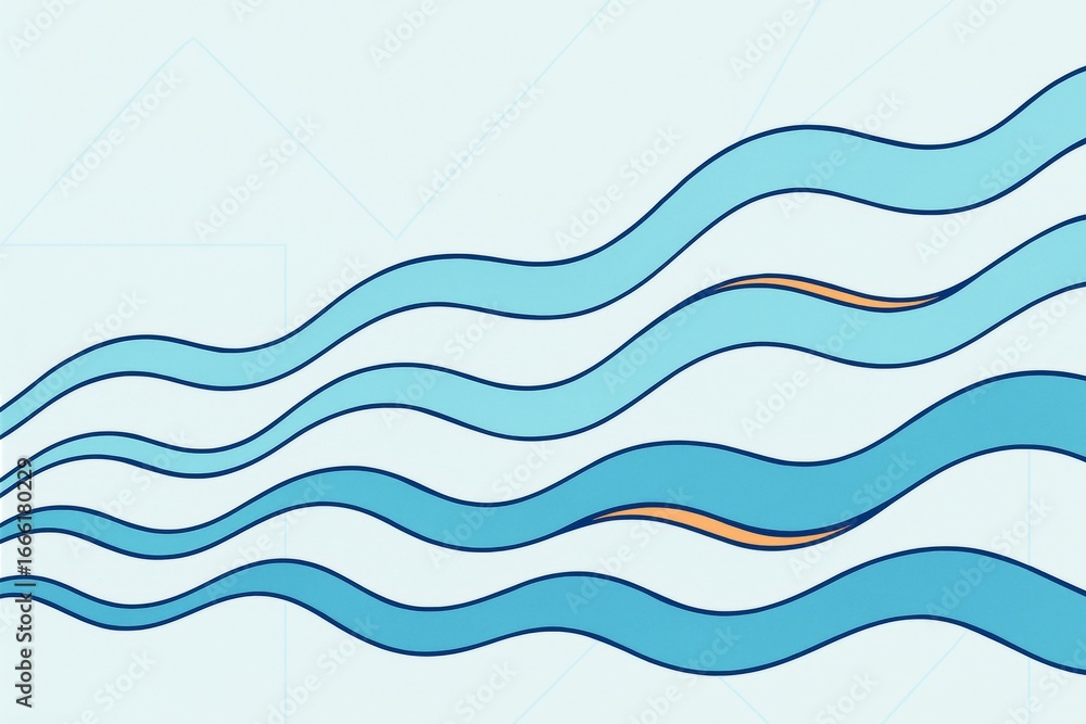 Poster abstract flowing blue wave lines with accents on a light background representing fluid motion and mo