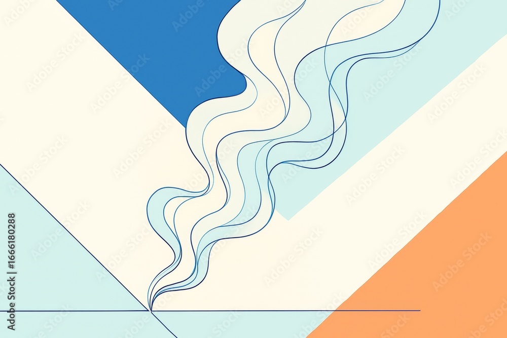 Poster abstract wavy smoke lines over geometric pastel background in light tones, combining minimal linear 
