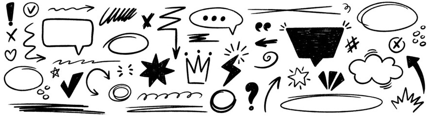 Hand drawn pencil various oval, highlight, emphasis mark, check marks set. Crayon speech bubble, chalked arrows, text underline. Vector freehand grunge strikethrough and underline elements. © PawLoveArt