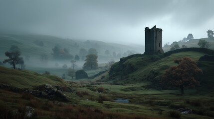 ruins of an ancient stone tower stand atop a grassy hill, with a misty, green landscape unfolding in the background under a cloudy sky