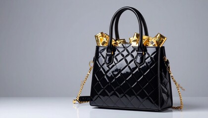 A glossy black quilted handbag stands against a gray backdrop, filled with gold-wrapped items—blending luxury fashion with opulent accents in a minimalist, high-contrast composition.