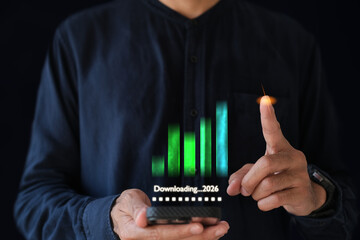 Futuristic downloading concept in 2026 with high-speed internet, cloud computing, secure data transfer, and modern digital technology for global connectivity."