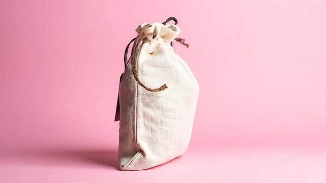 Plain cream-colored drawstring bag against a pink background