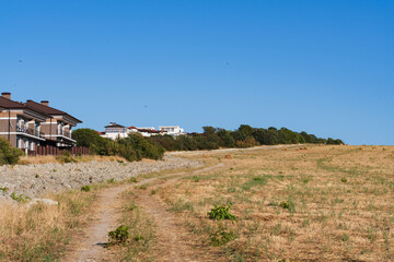 Dry dirt road to country houses and cottages partly hidden behind green trees with a field in the...