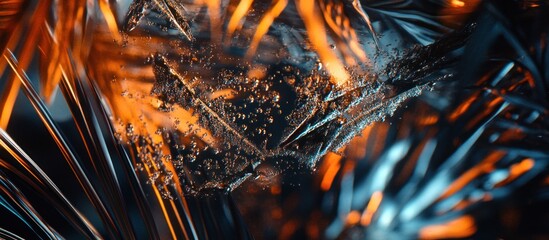 Abstract fiery orange and blue texture with water droplets.