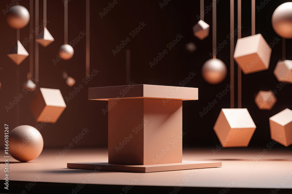 Poster 3d product display stand with floating geometric shapes for modern design showcase