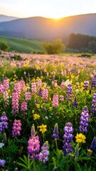 Fototapeta premium Vibrant lupine flowers bloom in a field at sunrise, showcasing a colorful tapestry against rolling hills.