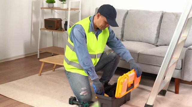 Professional handyman organizing tools in a home interior with a toolbox, ladder, and cozy furniture accentuating home improvement tasks