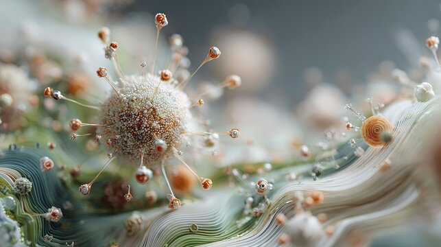 3D render of an abstract background with a blurred close-up on a coronavirus cell and waves around it