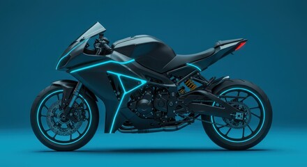 Fototapeta premium Sleek black motorcycle with neon blue accents, side view against a blue background.