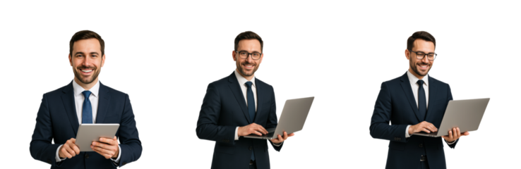 Business professional working on laptop in modern office, isolated on transparent background, png set