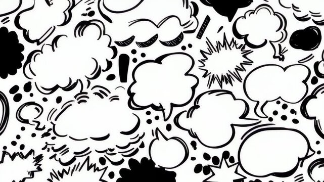 Comic speech bubble doodle pattern with black and white pop art shapes creating dynamic and playful background with energetic