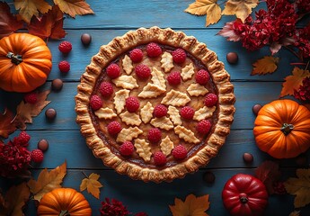 Rustic Autumn Pie with Raspberries and Pumpkins on Blue Wood fall raspberry