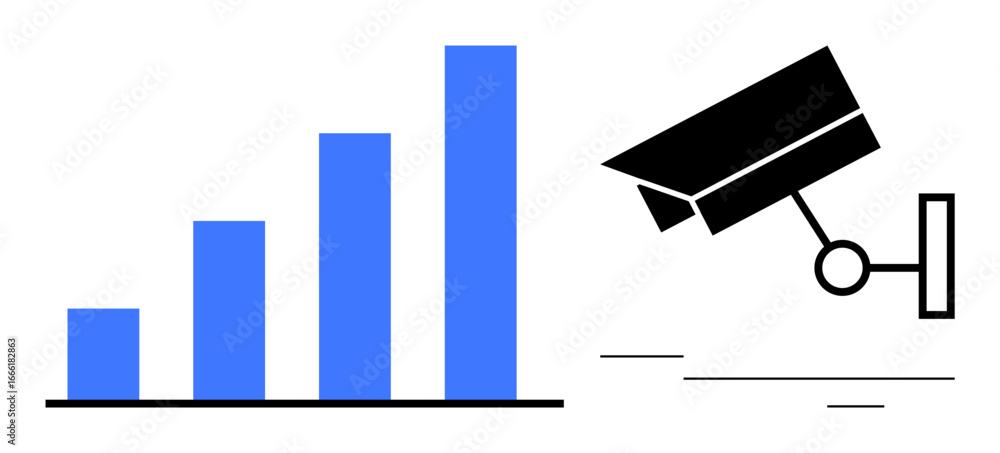 Poster blue bar chart increasing in height beside a security camera facing right. ideal for data analysis, 