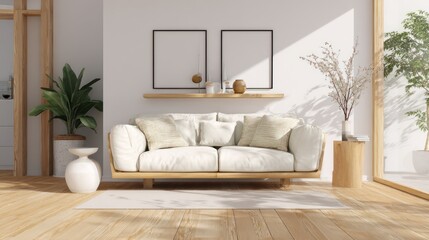 Naklejka premium Bright Modern Living Room with White Sofa Natural Light Minimalist Decor