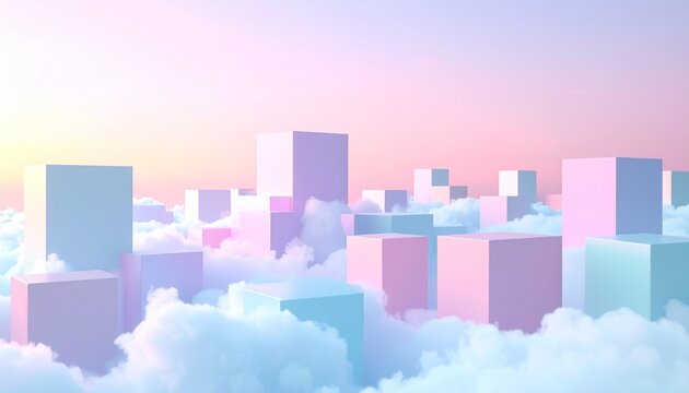 Pastel cubic buildings float among fluffy clouds in a dreamy sky, blending surreal architecture with soft pinks and blues—evoking a whimsical, ethereal city suspended in imagination.